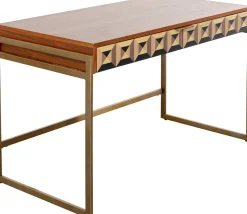 Biurko Z 2 Szufladami Fornir Orzechowy Nogi Złote Stalowe 120x59 Cm Front Efekt 3D