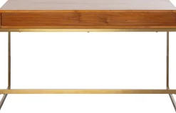 Biurko Z 2 Szufladami Fornir Orzechowy Nogi Złote Stalowe 120x59 Cm Front Efekt 3D