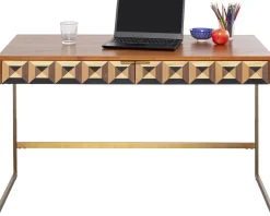 Biurko Z 2 Szufladami Fornir Orzechowy Nogi Złote Stalowe 120x59 Cm Front Efekt 3D