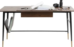 Biurko Z Szufladą Brązowe MDF 153x71 Cm Skóra Naturalna