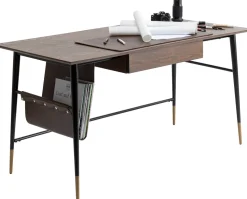 Biurko Z Szufladą Brązowe MDF 153x71 Cm Skóra Naturalna
