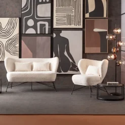 Fotel Do Salonu Biały Boucle Nogi Czarne Stalowe 80x83 Cm