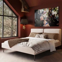 Łóżko Podwójne Z Zagłówkiem Kremowe Nogi Czarne 160x200 Cm