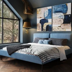 Łóżko Podwójne Z Zagłówkiem Niebieskie Nogi Czarne 180x200 Cm