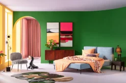 Łóżko Podwójne Z Zagłówkiem Niebieskie Nogi Czarne 180x200 Cm