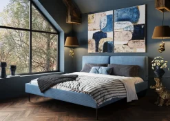 Łóżko Podwójne Z Zagłówkiem Niebieskie Nogi Czarne 160x200 Cm