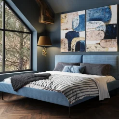 Łóżko Podwójne Z Zagłówkiem Niebieskie Nogi Czarne 160x200 Cm