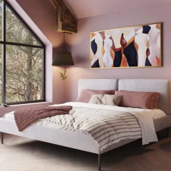 Łóżko Podwójne Z Zagłówkiem Szare Nogi Czarne 180x200 Cm
