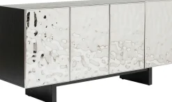 Komoda 4-drzwiowa Fornirowana Czarna Front Srebrny Ze Stali Nierdzewnej 160x78 Cm