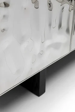 Komoda 4-drzwiowa Fornirowana Czarna Front Srebrny Ze Stali Nierdzewnej 160x78 Cm