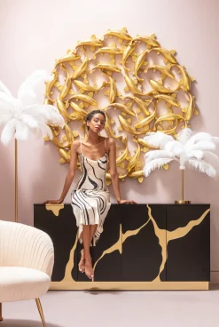 Komoda Glamour Czterodrzwiowa Czarno-złota 165 Cm