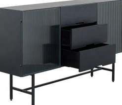 Komoda Loft Z 3 Szufladami Czarna Stalowa Front Szkło Ryflowane I MDF 150x90 Cm