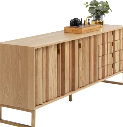 Komoda Naturalna Z Szufladami I Drzwiami 186 Cm Podstawa Złota