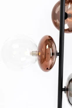 Lampa Podłogowa Czarna Klosze Szklane Transparentne I Miedziane 165 Cm