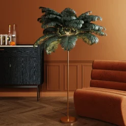 Lampa Podłogowa Palma Zielona Strusie Pióra 165 Cm Podstawa Złota