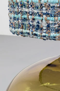 Lampa Podłogowa Ze Szklaną Brązową Podstawą Abażur Z Tkaniny Niebieskiej 106 Cm