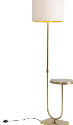 Lampa Podłogowa Złota Ze Stolikiem Abażur Lniany 155 Cm