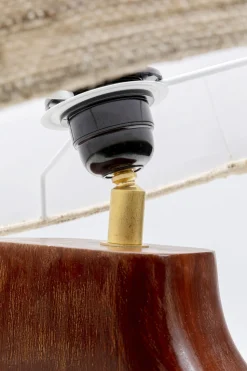 Lampa Stołowa Podstawa Drewno Mango Brązowe Abażur Biało-szary Ø30x61 Cm