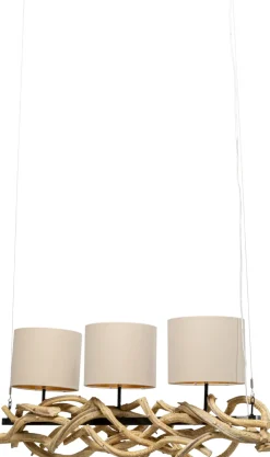 Lampa Wisząca Drewno Naturalne I Stal Czarna 115 Cm Klosze Lniane Beżowe