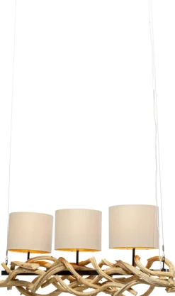 Lampa Wisząca Drewno Naturalne I Stal Czarna 115 Cm Klosze Lniane Beżowe