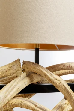 Lampa Wisząca Drewno Naturalne I Stal Czarna 115 Cm Klosze Lniane Beżowe