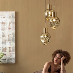 Lampa Wisząca Złota 3L Stal I Szkło Ø45x160 Cm