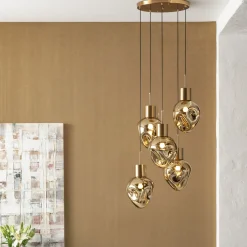 Lampa Wisząca Złota 5L Stal I Szkło Ø50x160 Cm