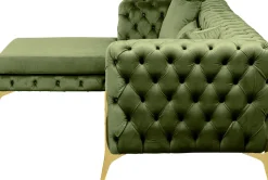 Narożnik Lewy Welurowy Pikowany Zielony Glamour 240x180 Cm Nogi Złote