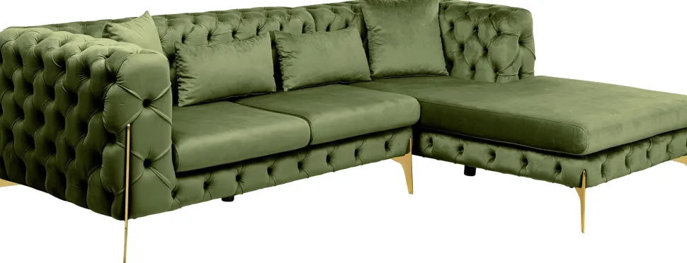 Narożnik Prawy Welurowy Pikowany Zielony Glamour 240x180 Cm Nogi Złote