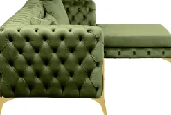 Narożnik Prawy Welurowy Pikowany Zielony Glamour 240x180 Cm Nogi Złote