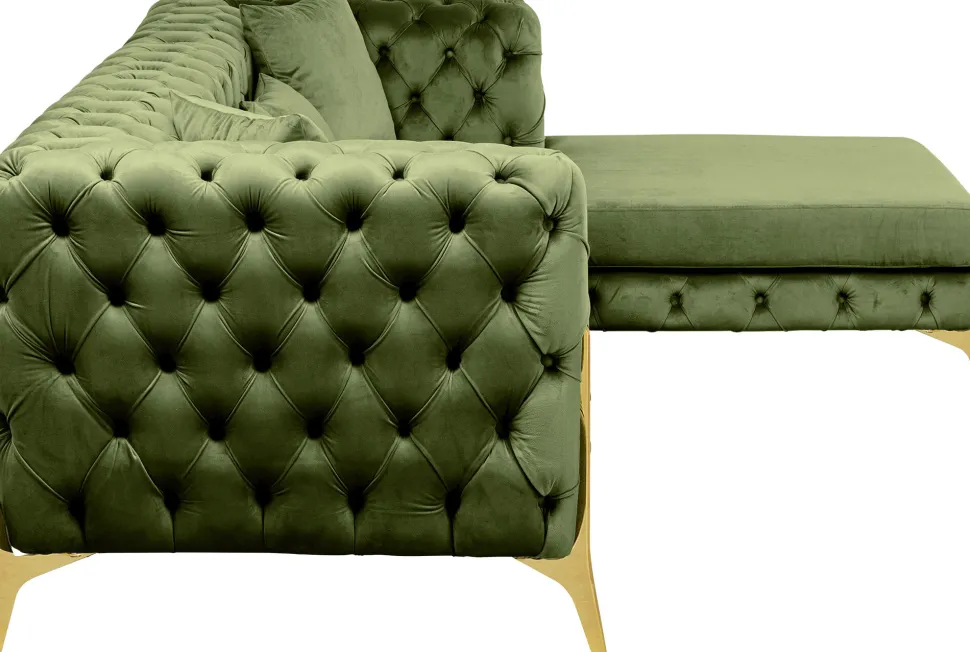 Narożnik Prawy Welurowy Pikowany Zielony Glamour 240x180 Cm Nogi Złote