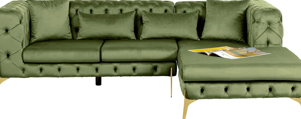 Narożnik Prawy Welurowy Pikowany Zielony Glamour 240x180 Cm Nogi Złote