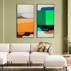 Obraz Abstrakcyjne Kształty Ręcznie Malowany 73x143 Cm Zielony