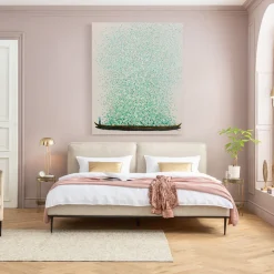 Obraz łódź I Zielone Kwiaty 120x160 Cm Beżowe Tło