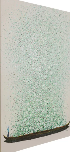 Obraz łódź I Zielone Kwiaty 120x160 Cm Beżowe Tło