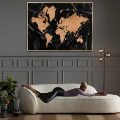 Obraz Duży Czarno-złoty Mapa świata Front Szklany 150x100 Cm
