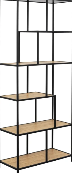 Regał Stojący Półki Naturalne MDF Laminowany Rama Czarna Stalowa 77x185 Cm