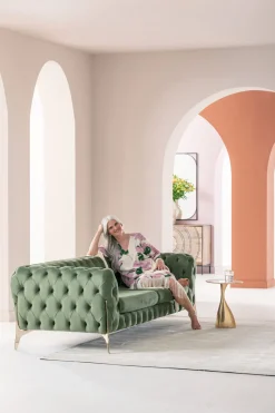 Sofa 3-osobowa Welurowa Pikowana Zielona Glamour 240 Cm Nogi Złote