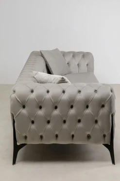 Sofa 3-osobowa Welurowa Pikowana Beżowa Glamour 240 Cm Nogi Czarne