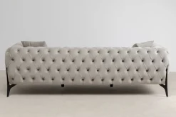 Sofa 3-osobowa Welurowa Pikowana Beżowa Glamour 240 Cm Nogi Czarne