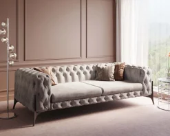 Sofa 3-osobowa Welurowa Pikowana Beżowa Glamour 240 Cm Nogi Czarne