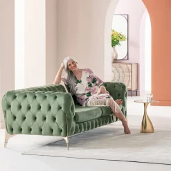 Sofa 2-osobowa Welurowa Pikowana Zielona Nogi Złote 200 Cm