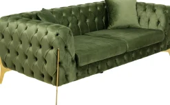 Sofa 2-osobowa Welurowa Pikowana Zielona Nogi Złote 200 Cm