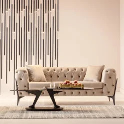 Sofa 2-osobowa Welurowa Pikowana Beżowa Nogi Czarne 200 Cm