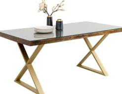 Stół Blat Drewno Z Recyklingu I Szkło Hartowane Nogi Złote 180x90 Cm