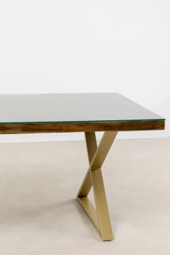 Stół Blat Drewno Z Recyklingu I Szkło Hartowane Nogi Złote 180x90 Cm