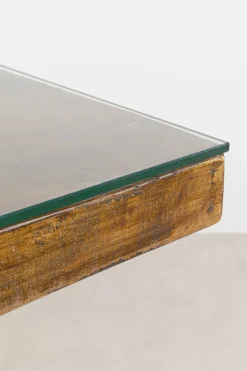 Stół Blat Drewno Z Recyklingu I Szkło Hartowane Nogi Złote 180x90 Cm