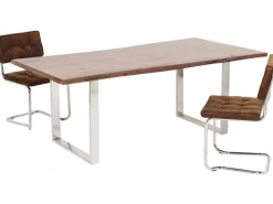 Stół Brązowy Drewniany Blat Akacja Srebrne Metalowe Nogi 180x90 Cm
