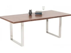 Stół Brązowy Drewniany Blat Akacja Srebrne Metalowe Nogi 180x90 Cm