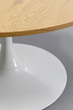 Stolik Kawowy Okrągły Naturalny Blat MDF Ø80 Cm Podstawa Biała Stalowa
